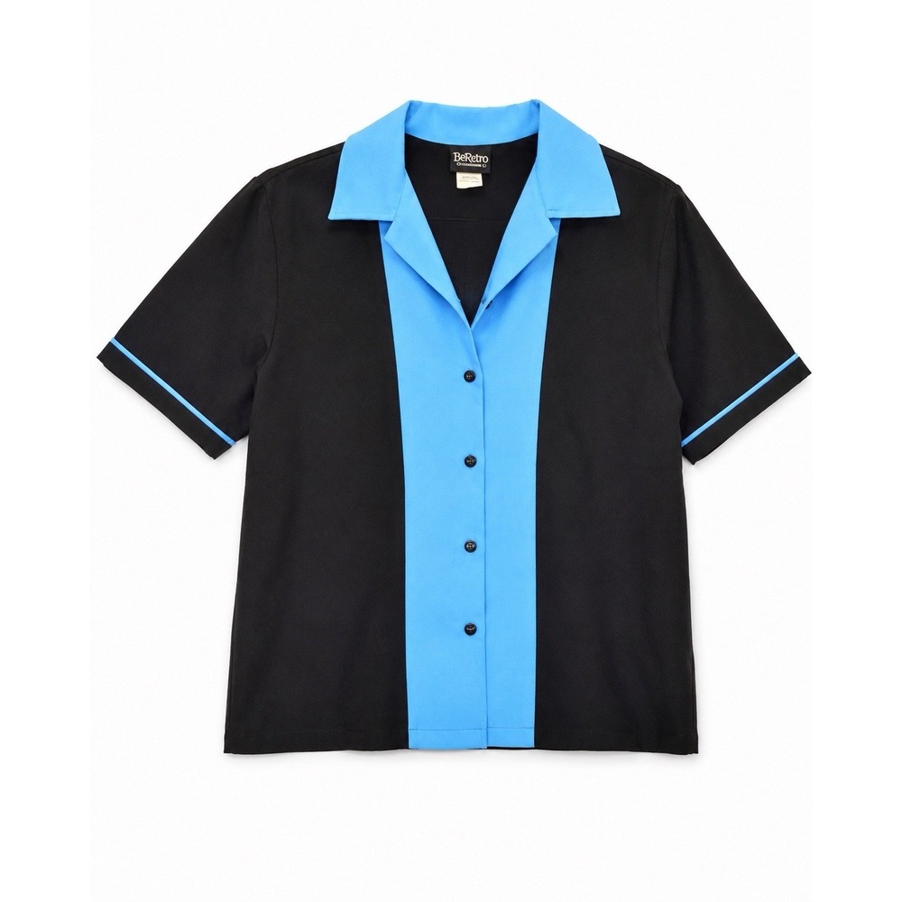 Be Retro Shirt Mens Small Black Blue Bowling Camp Button Up Colorblock USA Made